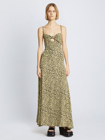Front image of model wearing Printed Leopard Tank Dress in butter multi