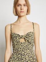 Detail image of model wearing Printed Leopard Tank Dress in butter multi