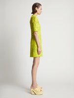Side image of model wearing Lace Dress in citron