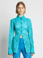 Cropped front image of model wearing Stretch Lace Shirt in cyan