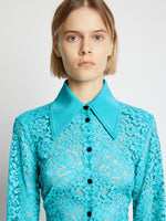 Detail image of model wearing Stretch Lace Shirt in cyan