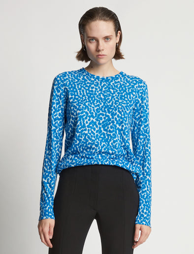 Cropped front image of model wearing Printed Leopard T-Shirt in blue multi