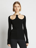 Cropped front image of model wearing Chain Detail Viscose Knit Sweater in black