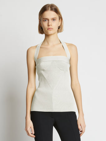 Cropped front image of model wearing Viscose Knit Halter Top in off white
