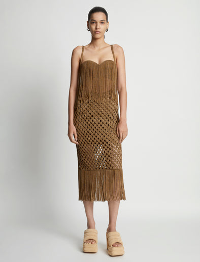 Front image of model wearing Lacquered Knit Dress in tobacco
