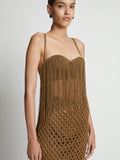 Detail image of model wearing Lacquered Knit Dress in tobacco