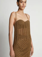 Detail image of model wearing Lacquered Knit Dress in tobacco