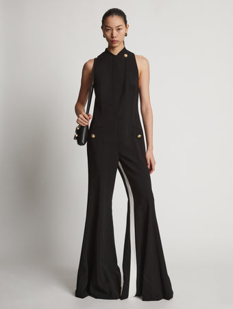 Front image of model wearing Viscose Tuxedo Stripe Jumpsuit in black