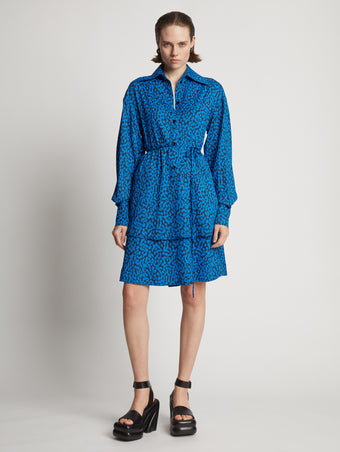 Front image of model wearing Printed Leopard Shirt Dress in turquoise multi