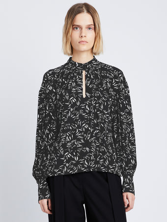 Cropped front image of model wearing Printed Crepe De Chine Top in black/white multi