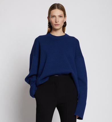 Front cropped image of model wearing Eco Cashmere Oversized Sweater in COBALT