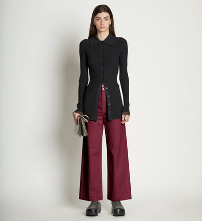 Front image of model wearing Cotton Twill Culotte in plum