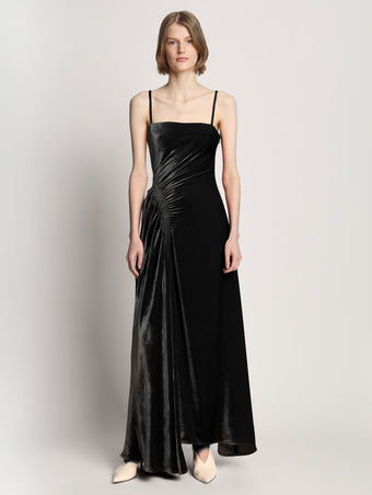Front full length image of model wearing Silk Viscose Velvet Gathered Dress in BLACK