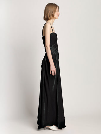 Side full length image of model wearing Silk Viscose Velvet Gathered Dress in BLACK