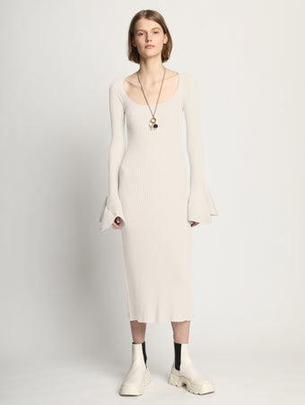 Front image of model wearing Fluted Rib Knit Dress in ivory