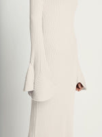 Detail image of model wearing Fluted Rib Knit Dress in ivory