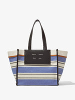 Front image of Large Morris Stripe Canvas Tote in BLACK/WHITE/COBALT