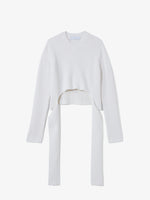 Still life image of Ribbed Cotton Wrap Sweater in OFF WHITE with straps hanging by sides