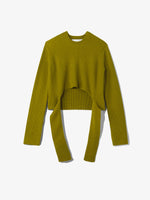 Still life image of Ribbed Cotton Wrap Sweater in LEAF with straps hanging by sides