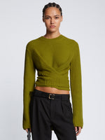 Front cropped image of model wearing Ribbed Cotton Wrap Sweater in LEAF