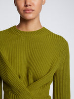 Detail image of model wearing Ribbed Cotton Wrap Sweater in LEAF