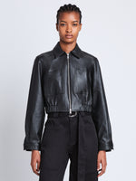 Front cropped image of model wearing Cropped Leather Jacket in BLACK