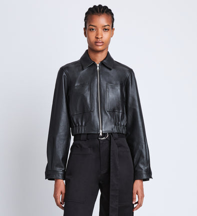 Front cropped image of model wearing Cropped Leather Jacket in BLACK