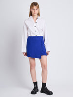 Front full length image of model wearing Tweed Wrap Skirt in ROYAL BLUE