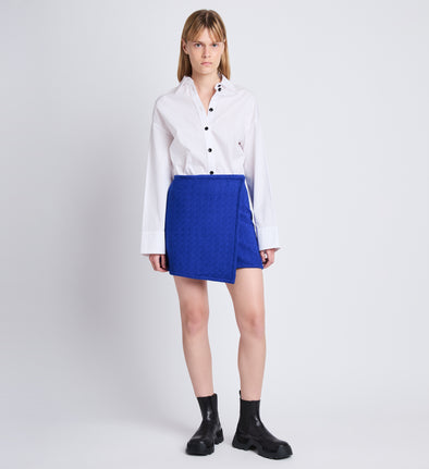 Front full length image of model wearing Tweed Wrap Skirt in ROYAL BLUE