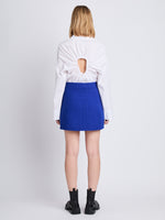 Back full length image of model wearing Tweed Wrap Skirt in ROYAL BLUE