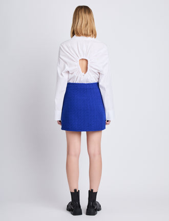 Back full length image of model wearing Tweed Wrap Skirt in ROYAL BLUE