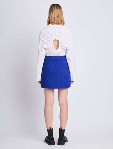 Back full length image of model wearing Tweed Wrap Skirt in ROYAL BLUE