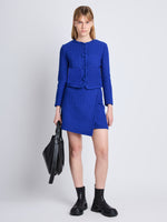 Front full length image of model wearing Tweed Wrap Skirt in ROYAL BLUE with matching Tweed Jacket in ROYAL BLUE