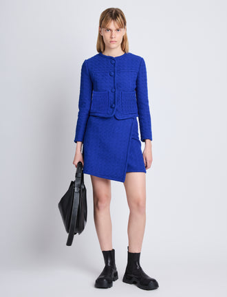 Front full length image of model wearing Tweed Wrap Skirt in ROYAL BLUE with matching Tweed Jacket in ROYAL BLUE