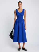 Front full length image of model wearing Poplin Gathered Dress in ROYAL BLUE