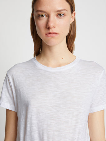 Detail image of model wearing Short Sleeve T-Shirt in WHITE