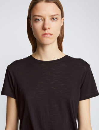 Detail image of model wearing Short Sleeve T-Shirt in BLACK
