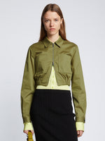 Front cropped image of model wearing Cotton Twill Bomber Jacket in KHAKI GREEN