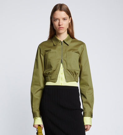 Front cropped image of model wearing Cotton Twill Bomber Jacket in KHAKI GREEN