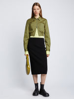Front full length image of model wearing Cotton Twill Bomber Jacket in KHAKI GREEN