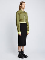 Side full length image of model wearing Cotton Twill Bomber Jacket in KHAKI GREEN
