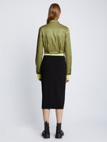 Back full length image of model wearing Cotton Twill Bomber Jacket in KHAKI GREEN
