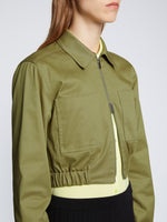 Detail image of model wearing Cotton Twill Bomber Jacket in KHAKI GREEN