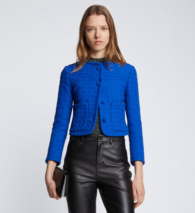 Front cropped image of model wearing Tweed Cropped Jacket in ROYAL BLUE