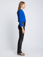 Side full length image of model wearing Tweed Cropped Jacket in ROYAL BLUE