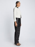 Side full length image of model wearing Tweed Cropped Jacket in OFF WHITE