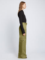Side full length image of model wearing Cotton Twill Cargo Pants in KHAKI GREEN