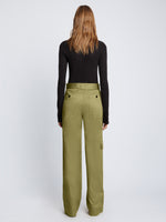 Back full length image of model wearing Cotton Twill Cargo Pants in KHAKI GREEN