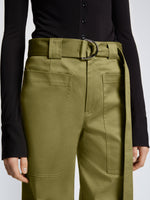 Detail image of model wearing Cotton Twill Cargo Pants in KHAKI GREEN