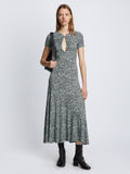 Front full length image of model wearing Slinky Jersey Keyhole Dress in BLACK/WHITE/JADE